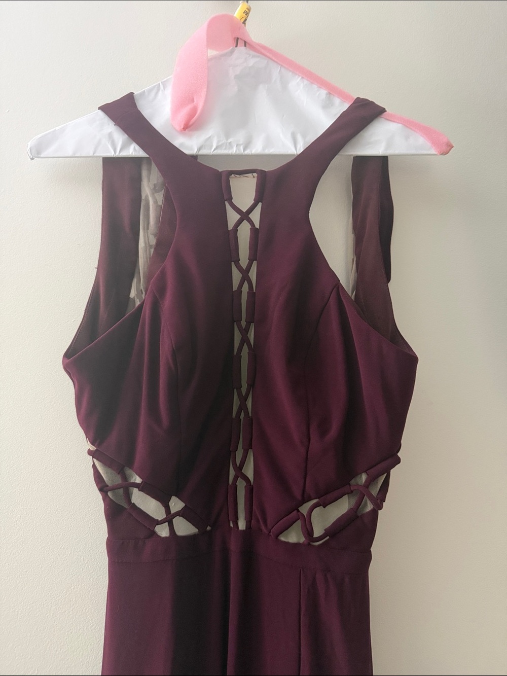 Faviana Lace-Up Cutout Prom Gown in Burgundy